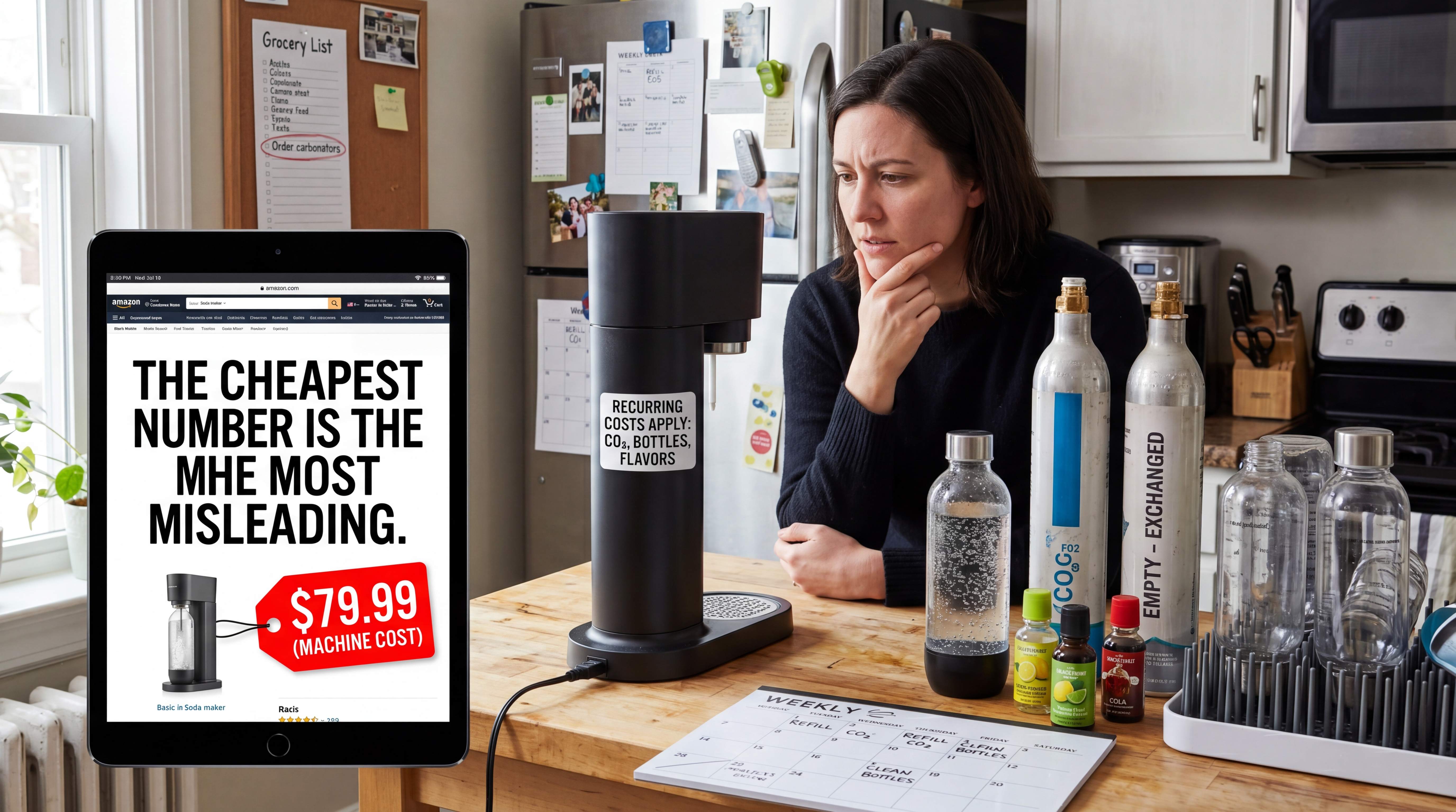 Woman evaluating soda maker costs at home with CO2 refill cylinders, reusable bottles, flavor bottles, and a screen showing the low machine price